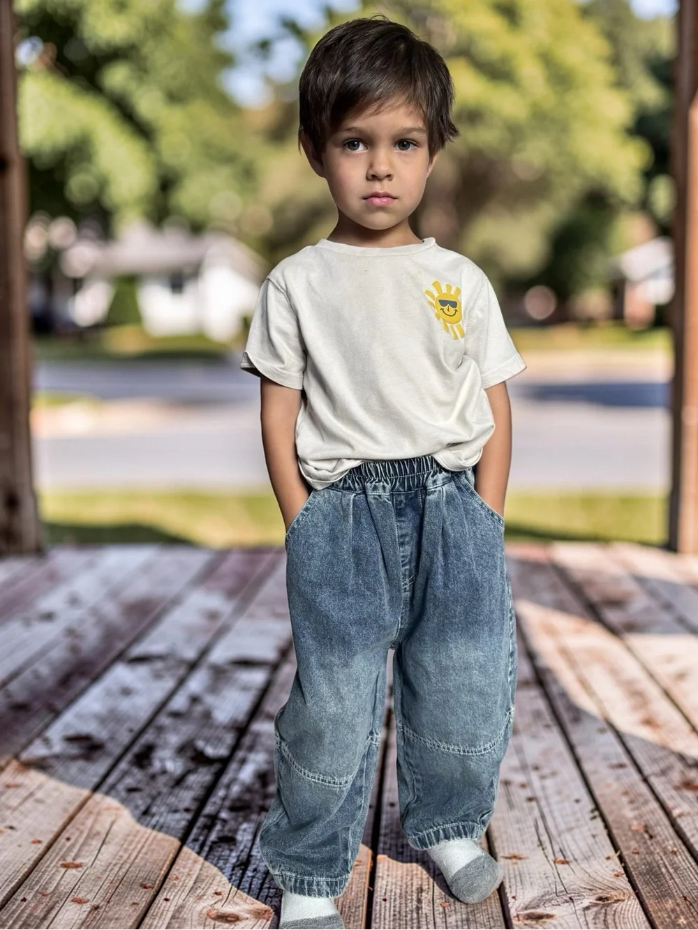 Kids Washed Blue Elastic-Waist Denim Barrel Jeans